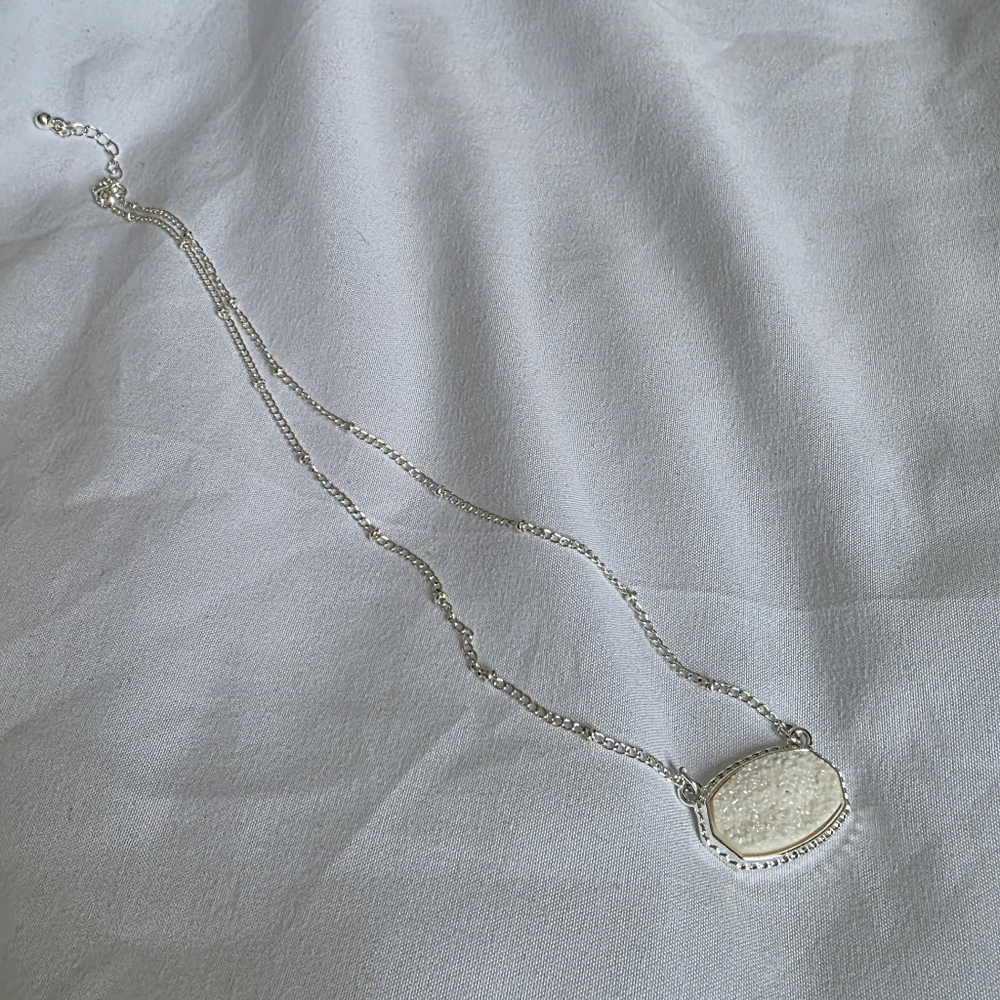 White Druzy Style Crystal Necklace With Silver Chain